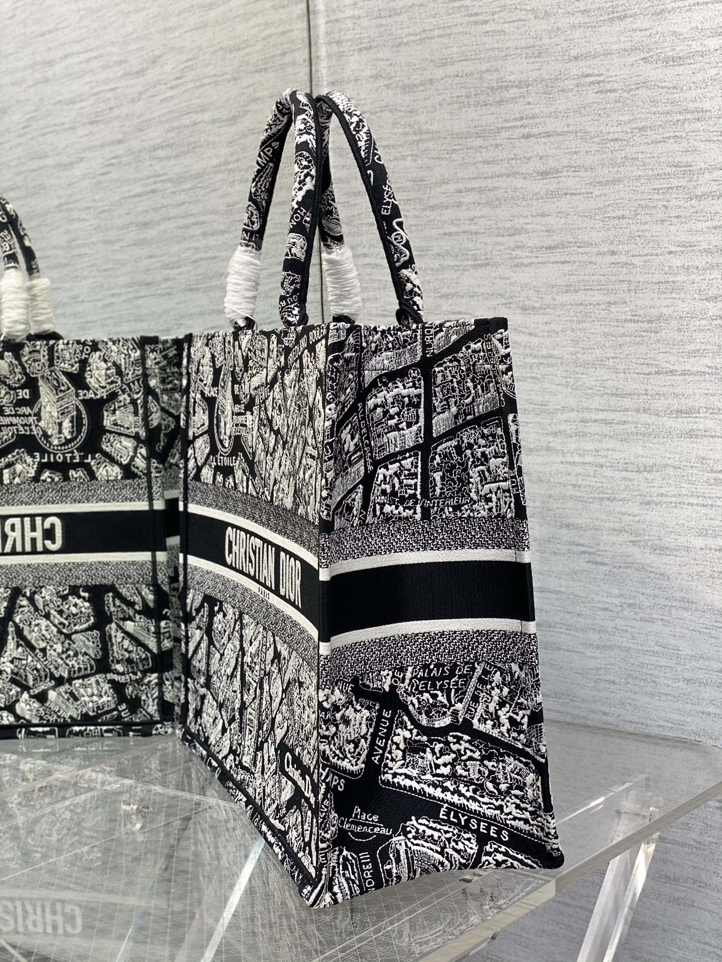 Large Dior Book Tote Bag Beige and Black Plan de Paris Embroidery